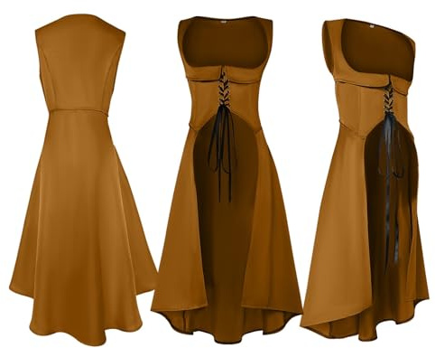 Generisch Robe médiévale pour femme - Robe viking - Robe corsage Renaissance - Robe d'automne victorienne - Robe de fée avec laçage - Robe sous la poitrine - Robe de pirate - Robe de paysan - Robe de