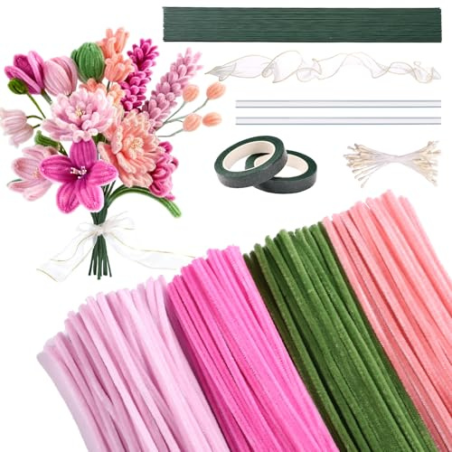 Kesote Pfeifenreiniger Blumen Set, 200x Pfeifenputzer zum Basteln Rosa | 4 Farbe Pipe Cleaner, mit Blumendraht, DIY Blumenstrauß Tulip Flower, Bastelset Weihnachten Geschenk Dekoration