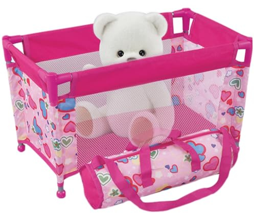 Faltbares Babypuppenbett, Netz-Laufstall mit Herzmuster, tragbar, mit Tragetasche für 18 Puppen