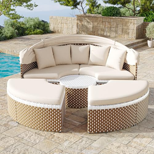 Merax Sonneninsel Rattan groß, Garten Lounge Set rund mit Dach & Tisch, Outdoor Sitzgruppe wetterfest, Balkonmöbel Terrassenmöbel mit Kissen