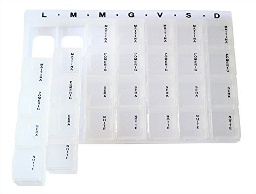 PortaPillole Settimanale (ITALIANO) a 7 Giorni, suddivisi per Mattino, Pomeriggio, Sera, Notte, Promemoria 28 Scomparti (1 Pack, Bianca e Trasparente)