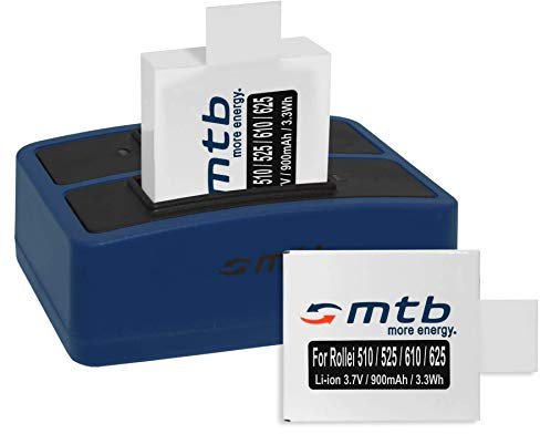 2 Akkus + Dual-Ladegerät (USB) für Rollei Actioncam AC 372, 510, 525, 610, 625 - inkl. Micro-USB-Kabel