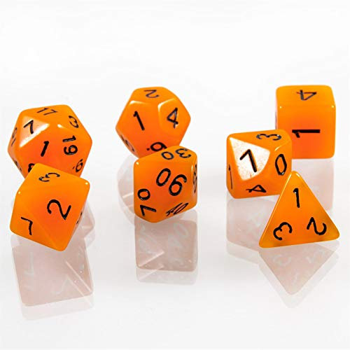 shibby 7 polyedrische leuchtende Würfel für Rollen- und Tabletopspiele in Orange mit Beutel