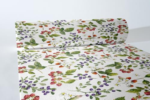 Sovie HORECA Airlaid Tischläufer Else, 40cm x 24m, perforiert alle 120cm, 1 Stück – Motiv Waldbeeren Heidelbeeren Himbeeren – Einweg Tischläufer in Stoffoptik für Events & Deko
