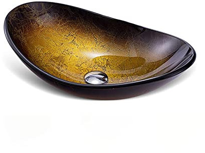 SXLSZ Lavabo Vasque en Verre Trempé, Vasque à Poser en Verre Trempé Ovale Lavabo Lave-Mains, Lavabo Vasque a Poser avec Anneau de Montage, 540×360×160mm,d'or