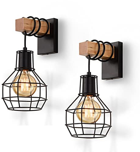 ENCOFT 2er Wandleuchte Vintage Innen Wandlampe Schwarz Industrial Retro Lampe aus Metall und Holz E27 für Treppenhaus Flur Cafe Bar Restaurant Hotel Wohnzimmer (Ohne Leuchtmittel)