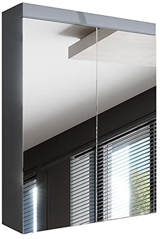 Newroom Spiegelschrank Bad 60 cm breit Grau Hochglanz - 60x77x17 cm (BxHxT) - Badezimmer Spiegel Badezimmermöbel Badspiegel - [Trinity.Eight]