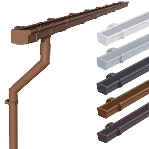 INEFA 2X Plastic Gutter Set, Box Gutter 68mm, 5m Brown | PVC-U Gutter and Downpipe Set for Garden Shed, Weatherproof, Includes Mounting Accessories