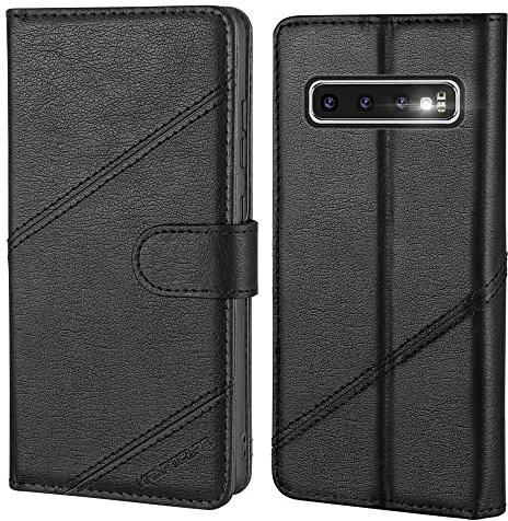 KRAFTCARE Handyhülle für Samsung Galaxy S10 Plus Hülle mit [Standfunktion] [Kartenfach] Flip Case Leder Stoßfeste Schutzhülle für Klapphülle Samsung S10 Plus Hülle, Schwarz