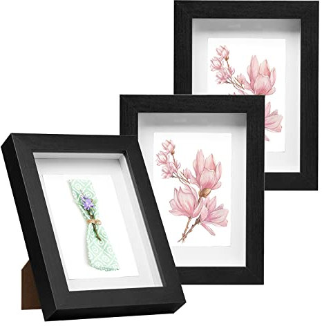 EUGAD 3er Set 3D Bilderrahmen zum Befüllen, Objektrahmen A4 (21x29,7 cm), tiefer Rahmen für Objekte bis 1,5 cm, Holzrahmen Collage mit Papier-Passepartout, Schwarz