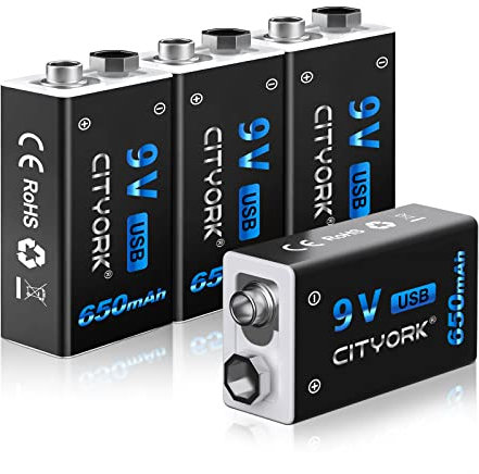 CITYORK USB Rechargeable 9V Batteries 650mAh 9V Lithium-ion PP3 Battery with 4 in 1 Micro USB Charging Cable (4 Pack)
