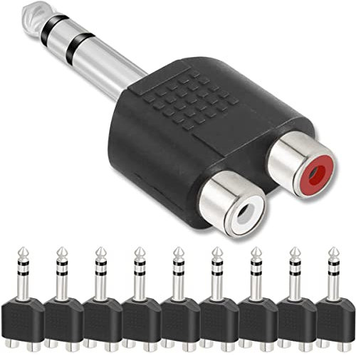 Xiatiaosann Cinch auf Klinke 6 35mm Adapter Stereo Splitter, 2 RCA Buchse zu Stereo Klinkenstecker, 10 Stück Phono auf 6,35mm Stecker, Kopfhöreranschluss für Gitarrenmischpult Lautsprecher