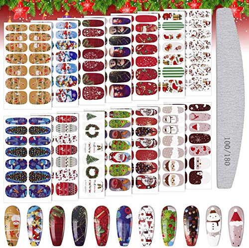 EBANKU Christmas Nail Art Stickers Decals, 14 Sheets Christmas Full Wraps Nail Strips 3D Self-Adhesive X-mas Tree Snowflakes Decals with Polish File (C)
