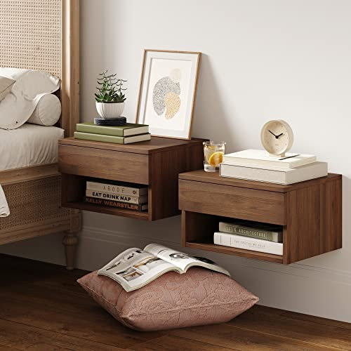 Nathan James Jackson Schwebender Schlafzimmer-Nachttisch zur Wandmontage, mit Aufbewahrungsschublade und modernem offenem Regal, 2er-Set, Dunkelbraun-Walnuss