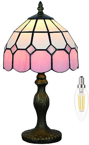 Kinbolas Tischlampe Im Tiffany-stil, Art-deco-beleuchtung Handgefertigte Buntglaslampenschatten Kleiner Nacht Nachtte Schlafzimmerlampe, Wohnzimmer, Mediterraner Tischdekoration Licht Mit (Color:pink)