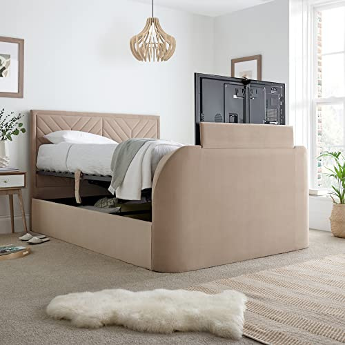 happybeds Sherlock Warm Stone Velvet Ottoman TV Bed, 5ft King, TV Lift | 5ft King, Velvet Ottoman TV Bed, Gas-Lift Storage, Warm Stone, Velvet Upholstery, TV Lift Mechanism, Remote Control