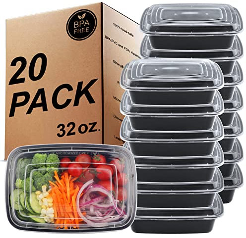 KINGHON 20 Pack Contenitori per alimenti con 1 scomparti, BPA free Contenitori di plastica impilabili, riutilizzabili 32 oz Bento lunch box-Suit per forno a microonde, congelatore