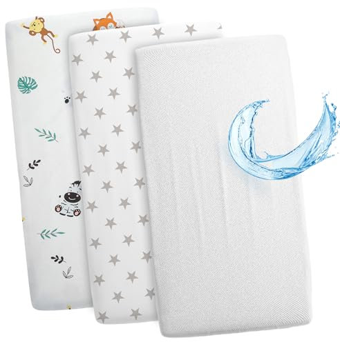 Spannbettlaken Kinderwagen Baby Spannbetttücher 3er Set: 83 x 50 cm - 2X Bettlaken + 1x wasserdichter Matratzenschoner - Babybett Zubehör für Kinderbett Beistellbett Stubenwagen