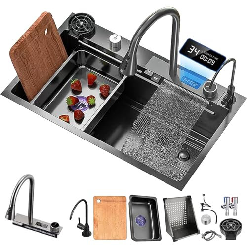 75 x 45 cm Fregadero De Cocina Tipo Cascada, 1 Seno Fregadero Negro Y Gris De Acero Inoxidable De Un Solo Tazón, Fregadero De Cocina Integrado Con Pantalla Digital Multifuncional Feiyu Saca Grifos