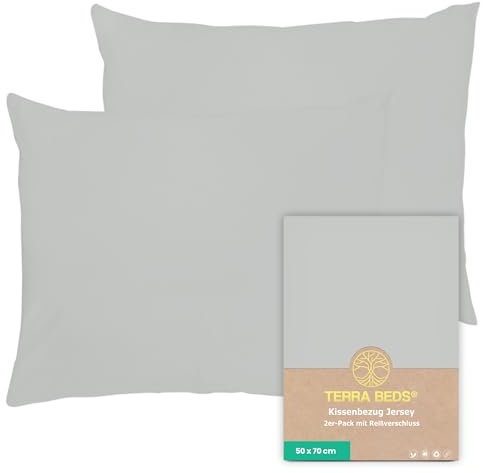 Terra Beds Kissenbezug 50x70 (Set mit 2) - 100% Baumwolle Jersey 160 g/m², Oeko-Tex Zertifiziert - Kopfkissenbezug 50x70 für Kissen 50x70 mit Reißverschluss, weich und atmungsaktiv - (Silber Grau)