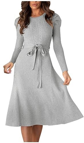 Damen Strickkleid Winter Langarm Pulloverkleider Knielang Elegant Wickelkleid Lässiges Einfarbig Winterkleid mit Gürtel Midikleid Warm A Linie Kleid Weich Bequem Rockabilly Kleider