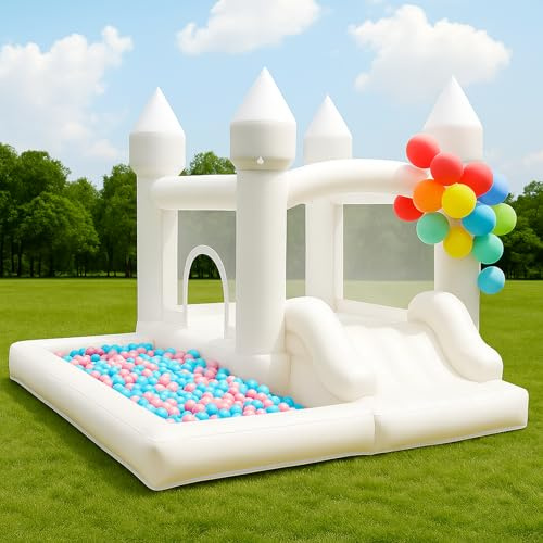 NBSPORT White Bounce House with Ball Pit, Bouncy Castle for Kids,9x9x7FT