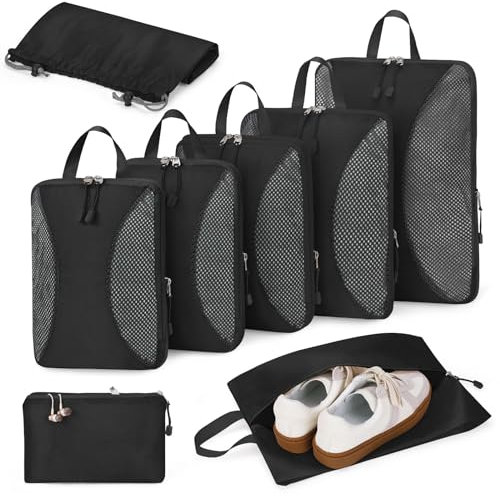 Anjing Packing Cubes Compression - 8-teiliges, Koffer Organizer Set mit Kompression, Komprimierbaren Packwürfeln zur Organisation, Packwürfel für Koffer, Black