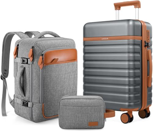 UKEIN Kofferset 3 teilig, PC Hartschale Reisekoffer Set, Haltbar Trolley Handgepäck Sets mit 4 Spinner-Rollen TSA Schloss, Der Koffer Enthält 1 Reiserucksack und 1 Kulturbeutel (Gepäck-Sets 3tlg)