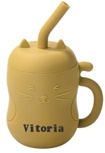 TYRY.HU Tasses avec Paille Nom Personnalisé Enfant Silicone Gobelet d'entraînement pour Bébé avec Poignée Dinky Cup et Tout-petit Tasse Apprentissage Jaune