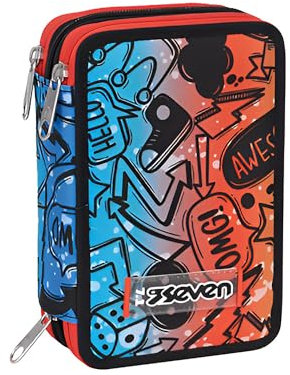 Seven Federmäppchen, Mäppchen, Mehrfarbig, Federtasche für Schreibwaren, Etui mit Stiften, Kugelschreiber, & mehr, 3 Fächer, Mädchen & Jungen, Schule - Grundschule, rot blau
