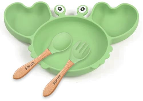 Piatto di granchio e posate personalizzati con nome per neonati - verde