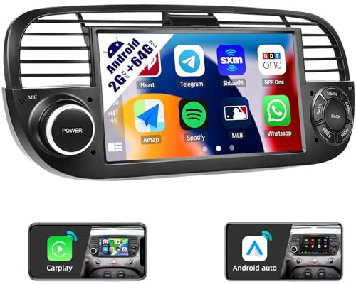 CAMECHO 2G+64G Autoradio per FIAT 500 (2007-2015) con Navi Carplay Android Auto,Android 13丨7 Pollici Schermo Auto Stereo con FM/RDS Mirror Link Bluetooth WiFi e USB