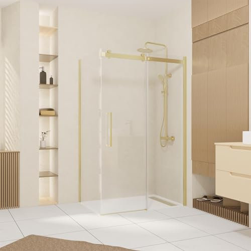 Pack puerta de ducha corrediza 120 x 200 cm y espalda 80 cm – oro dorado cepillado y cristal templado 6 mm