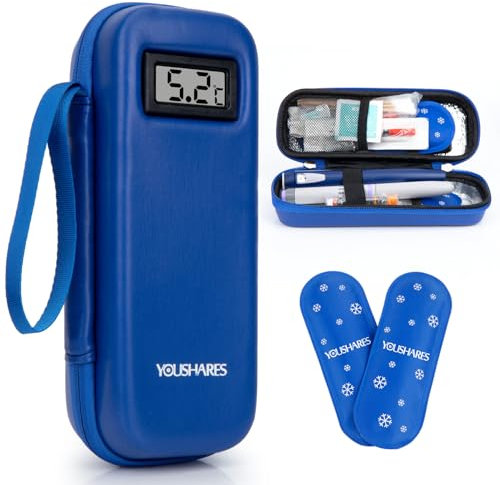 YOUSHARES Pochette Isotherme Insuline, Trousse Isotherme Insuline Voyage pour Diabetique Affichage de la Température avec 2 Poche de Glace, Sac Isotherme Insuline Medicament pour Stylo Seringue, Bleu