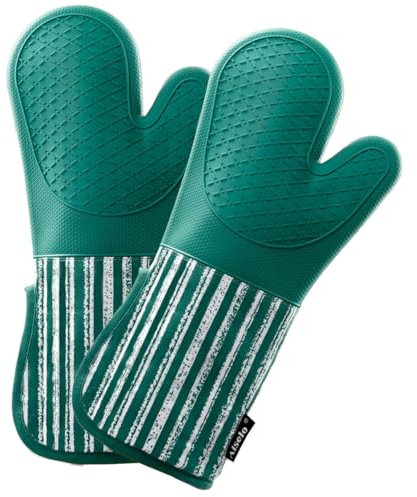 Alselo Silicone Oven Mitts Heat Resistant 932℉ with Waterproof & Non-Slip Kitchen Mittens, Set of 2 Extra Long Oven Gloves with Soft Cotton Terry Lining for Baking Cooking Barbecue (Emerald Green, 2)