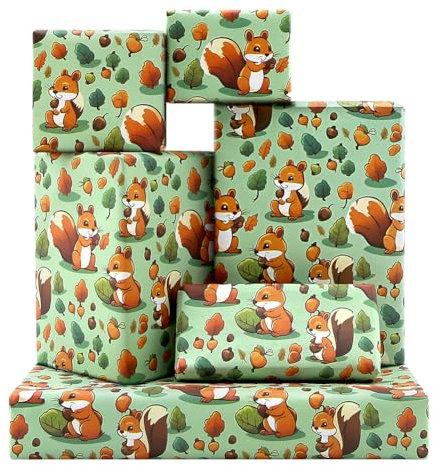 Geschenkpapier mit Eichhörnchen mit glücklichem Lächeln, Herbstgrüne Blätter, Wald, 71,1 x 50,8 cm pro Blatt, flach gefaltet, 4 Blatt, 1 Designs: 15 m². ttl) für Happy Thanksgiving Herbst Urlaub Dekor