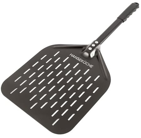 Hanseküche Pelle à pizza perforée - En aluminium anodisé dur - Rectangulaire - Avec poignée en silicone allongée - 30 x 36 cm - 67 cm - Aluminium anodisé