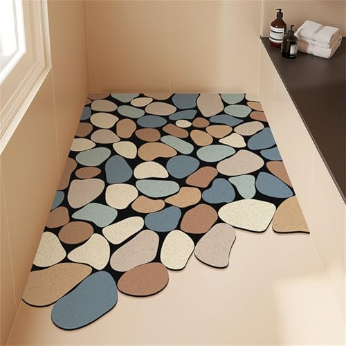 Surwin Duschmatte rutschfest PVC, Kieselsteine Muster Luffa Badematte Schnelltrocknend Massage Duschmatten mit Ablaufloch, Weich Komfort Badewannenmatte Antirutschmatte (Blau + Khaki,40x60cm)