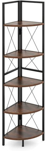SFAREST 5 Tier Ladder Shelf, Freestanding Corner Bookshelf with Adjustable Foot Pads & Anti-Tipping Devices, Multifunctional Display and Storage Unit for Home Office (Rustic Brown, 35 x 35 x 160 cm)