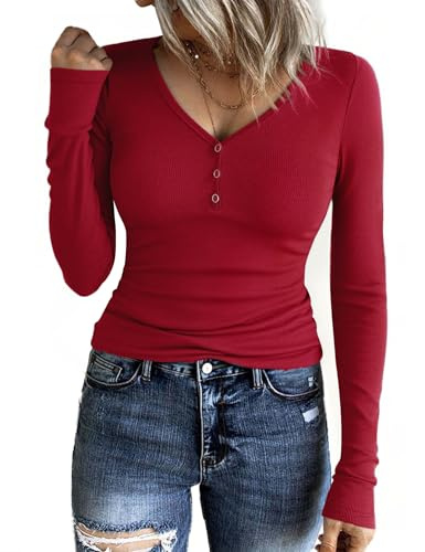 Aottori Womens Long Sleeve Tops V Neck Ribbed Shirts Button Down | Slim Fitted Basic T-Shirts, Soft Solid Knit, Casual Pullover Tunic Top UK, Stretch Base Layer Tee, Office Daily Wear