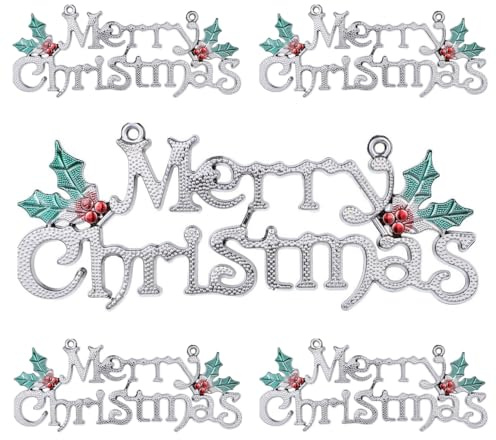 FARBEIR 5 cartelli natalizi decorativi in argento con scritta Merry Christmas, da appendere, per ghirlande di alberi, porte, finestre, accessori decorativi