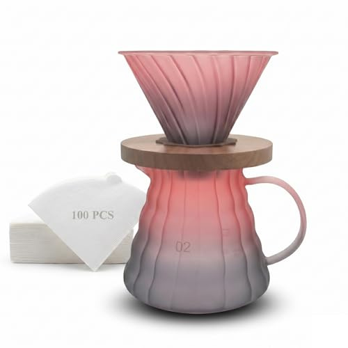 SINOTE’CA Caffettiera Pour Over Stile V60 con Caraffa in Vetro Borosilicato 600ml, Dripper con Manico in Noce e Coperchio, Design Rosso e Blu Satinato, con 100 Filtri di Carta Misura V02