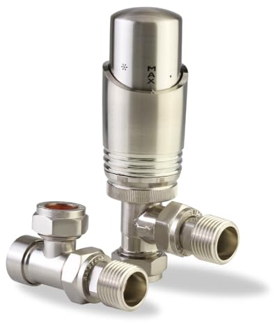 LavaTherm Thermostatic Radiator Valve TRV – 15 mm Angled – Energy Saving Central Heating Radiator Valve – Premium Brass Replacement TRV and Lockshield – Brushed Nickel