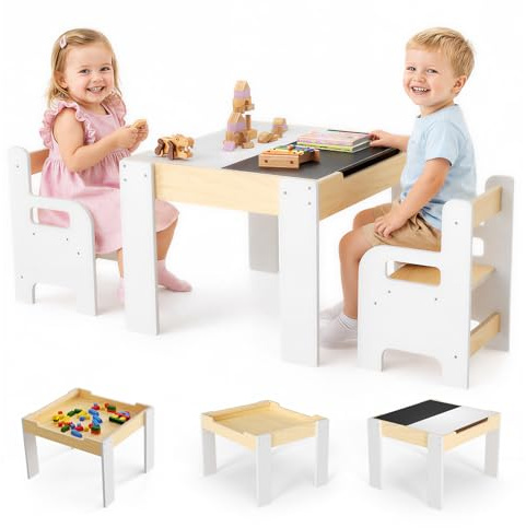 Krovtoy Kindertisch Stuhl Set mit 2 Stühlen, Multifunktionaler Spieltisch mit Tafel, Holz Lernmöbel mit Stauraum, Ergonomischer Kindertisch für Lernen Malen Spielen Weiß Naturholz