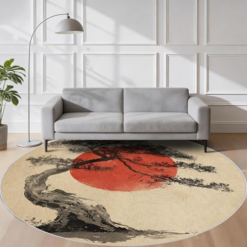 VIXENIUM Teppich Rund Japanisch Wohnzimmer 120 cm Durchmesser | Mit Sonne Baum Ethno Muster, Geeignet Schlafzimmer Bettvorleger, Kurzflor Rutschfest Waschbar, Japanisch Deko