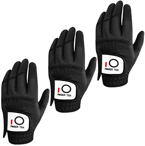FINGER TEN Golf Handschuhe Männer Linke Hand Regengriff Handschuh für rechtshändige Golfer Wert 3 Pack, alle Wetter Haltbare Griff Größe Kleine Mittelgroße XL (Schwarz, Medium/Large, Links)
