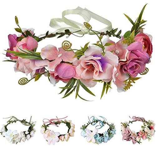 Handgefertigte verstellbare Blumenkranz-Stirnband Halo Blumenkranz Kopfbedeckung Hochzeit Festival Party - Pink - Einheitsgröße