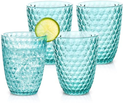 BELLAFORTE Shatterproof Tritan Plastic Short Tumbler, Set of 4, 385ml - Laguna Beach Drinking Glasses - Unbreakable Cups for Indoor and Outdoor Use - BPA Free - Dishwasher Safe - Blue