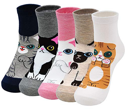 ZFSOCK Damen Bunte Socken Lustige Socken mit Motiv Karikatur Tier Witzige Niedlich Katze Hund Coole Socken Baumwolle Weihnachten Geschenkideen für Frauen Mädchen 5 Paare,4.Katze,35-42