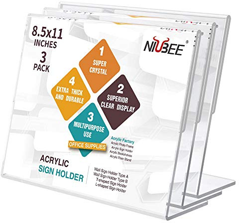 NIUBEE Lot de 3 supports de panneau en acrylique 21,6 x 27,9 cm - Paysage - Cadre en Lucite transparent - Support de présentation en papier plastique pour bureau, magasin, restaurant - Horizontal